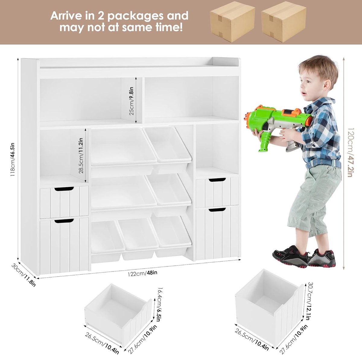boekenkast -Kinder boekenkast – Casa Velluto PlayBox 4-Laags Kinderrek met Opbergdozen op Wieltjes – Speelgoedkast met 6 Vakken – Wit – 122 x 118 x 30 cm