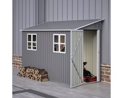 Metalen schuur, 1,2 x 3 meter, met vloerset, schuin dak, dubbele deuren aan beide zijden en 2 ramen. Een stevige en duurzame gereedschapsschuur, geschikt voor tuinen, terrassen en veranda's – circa 1,2 x 3 meter.