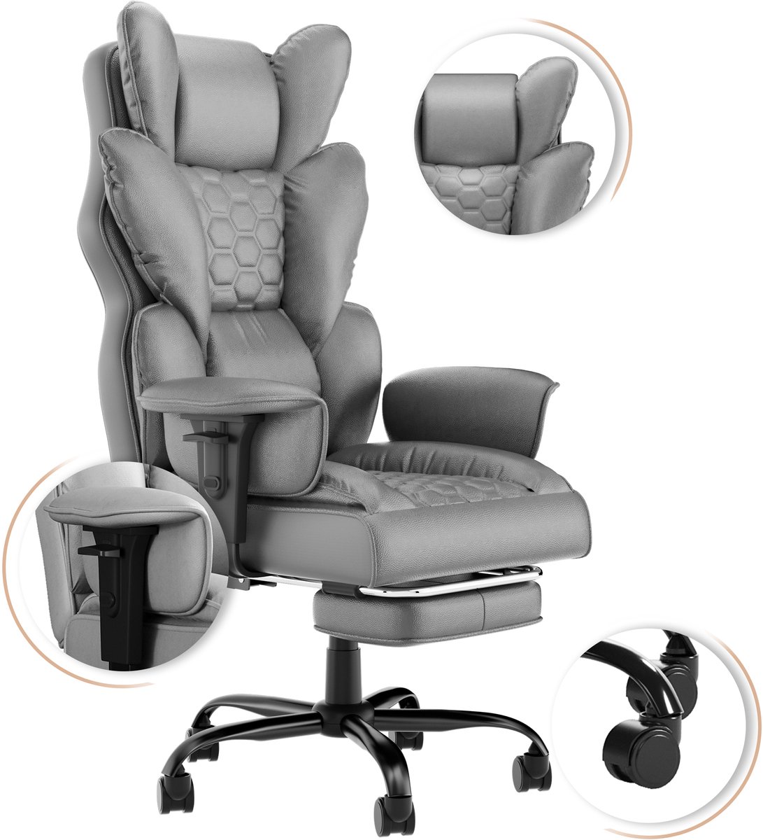 Aufun bureaustoel – ergonomisch – hoge rugleuning – PU leder – in hoogte verstelbaar – grijs