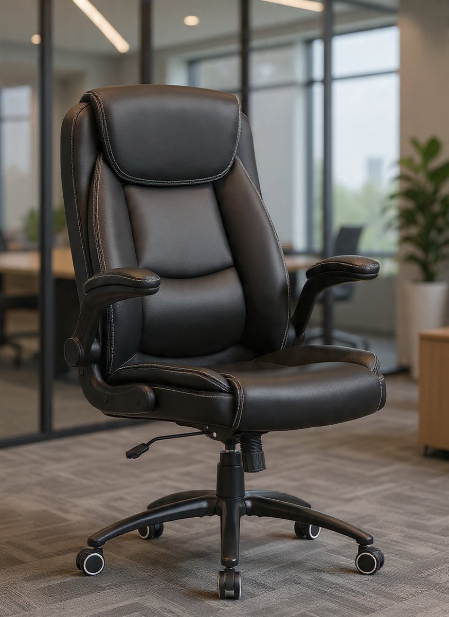 Ergonomische Bureaustoel, 360° Draaibare Bureaustoel, Directiestoel met Opklapbare Armleuningen, Verstelbare Rugleuning, Hoogte- en Kantelspanning, Draagvermogen 136KG, Zwart - Casa Serena – Afmeti...