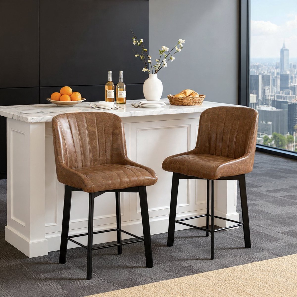 Set van 2 barkrukken, 360° draaibaar, barstoel, stevig metalen frame, kunstleer, verstelbare poten, keukenstoel met rugleuning voor keukeneiland, bar en huisbar, klassiek bruin - Casa Serena – Afme...