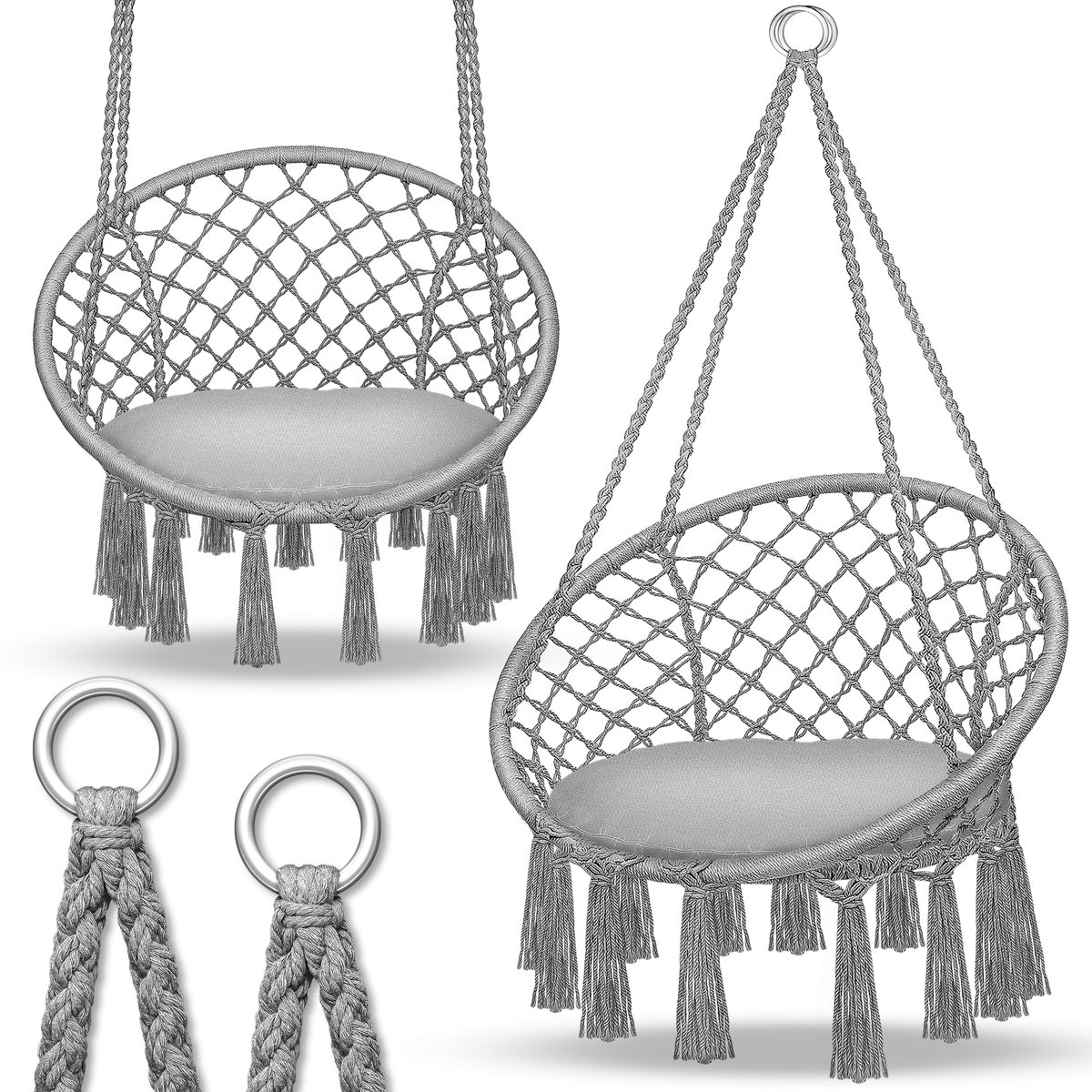 tillvex Hangstoel 150 kg met 2 stalen ringen | Hangstoel voor binnen en buiten | Weerbestendig, schommelmand met kussen | Voor woon- en tuin