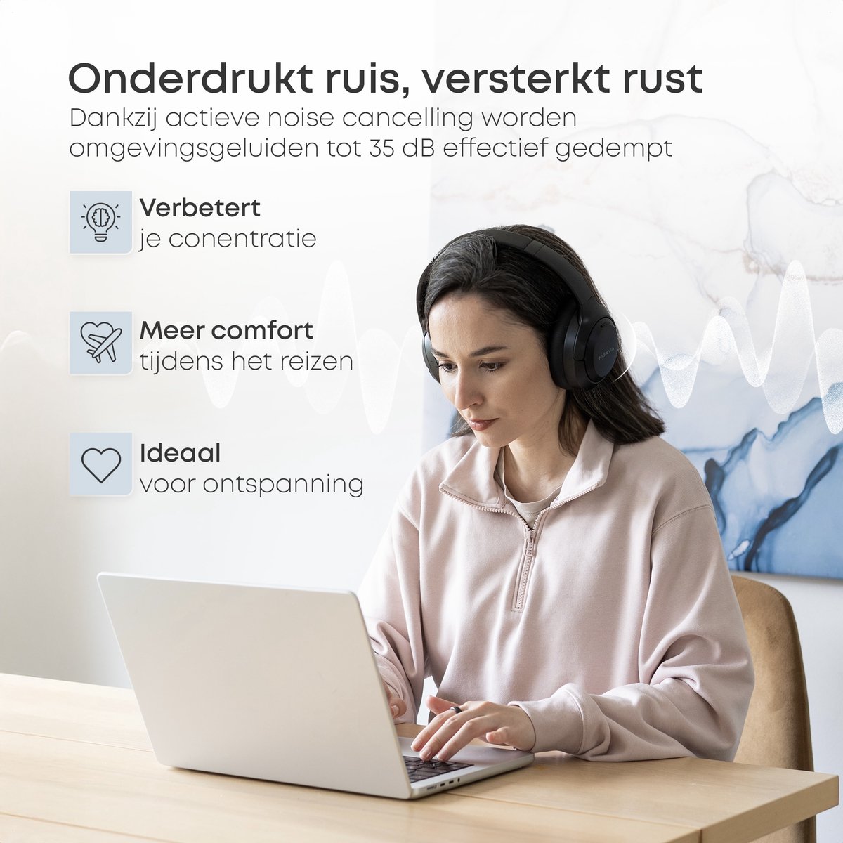 Norva P70 - Draadloze Noise Cancelling Koptelefoon - Bluetooth 5.3 Headphones - Over-ear Hoofdtelefoon - Met Microfoon en Opbergcase - 60u Batterij - Zwart — afbeelding 4