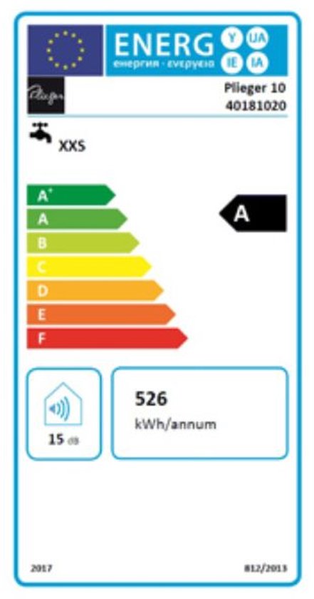 Energielabel A voor Plieger boiler, met 15 dB geluidsniveau en 526 kWh/annum verbruik.