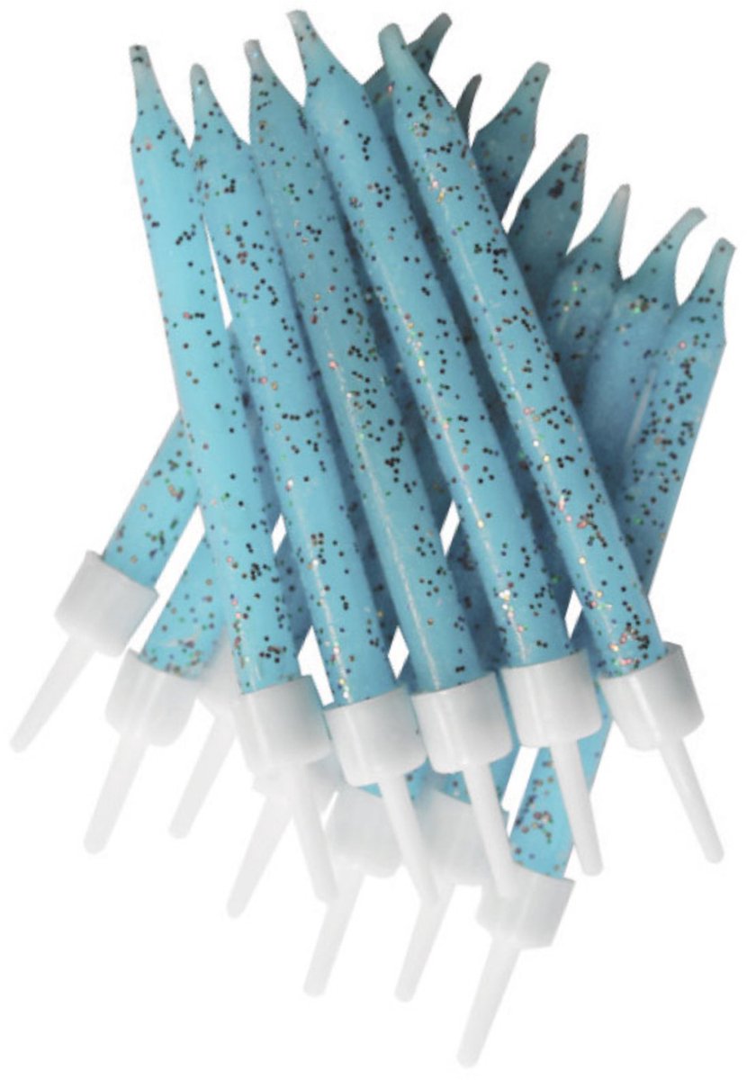 ANNIVERSARY HOUSE - 12 pastelblauwe glitterkaarsen 7,5 cm voor taart