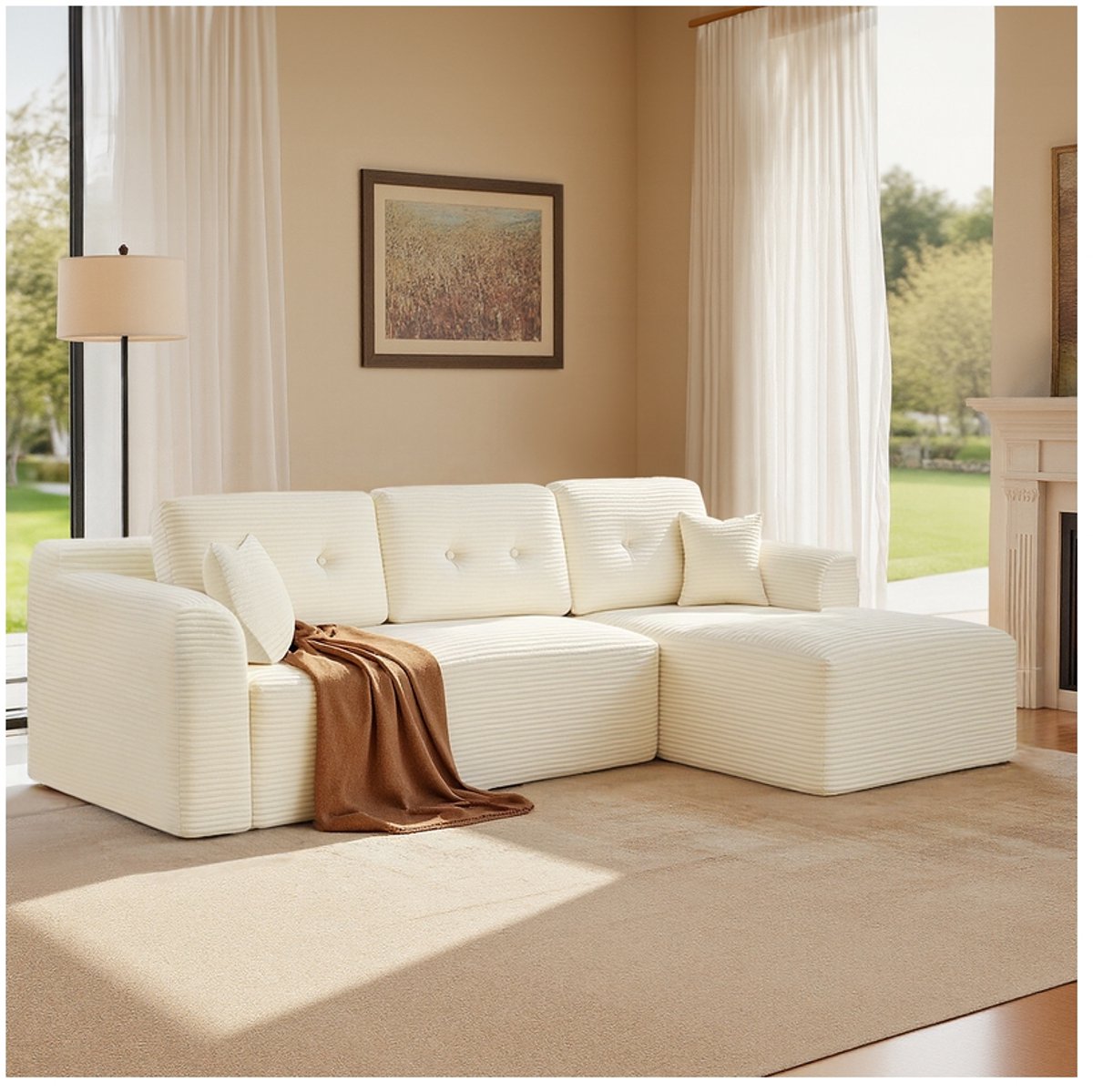 Modulaire bank – 244 cm breed – Met grote chaise longue aan de rechterkant – Crèmewit – Geen montage vereist