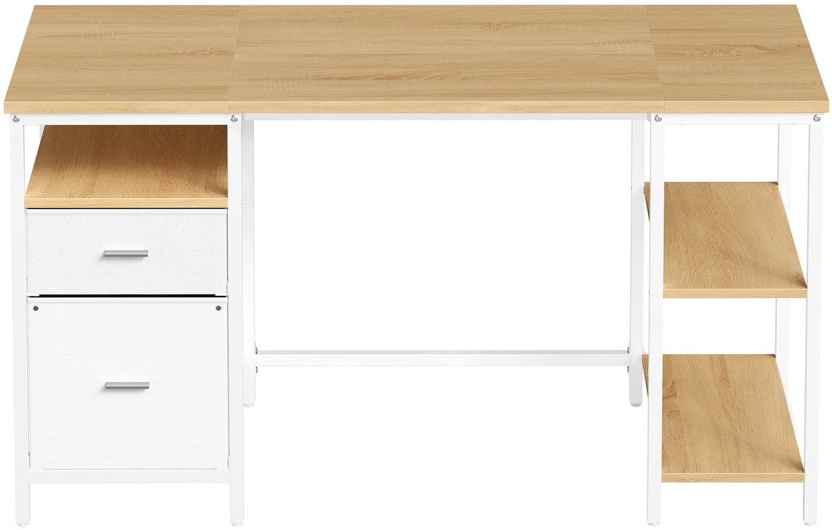 Computerbureau – Met 3 planken en 2 lades – Natuurlijke eikenkleur en parelwit – 140 x 60 x 76 cm