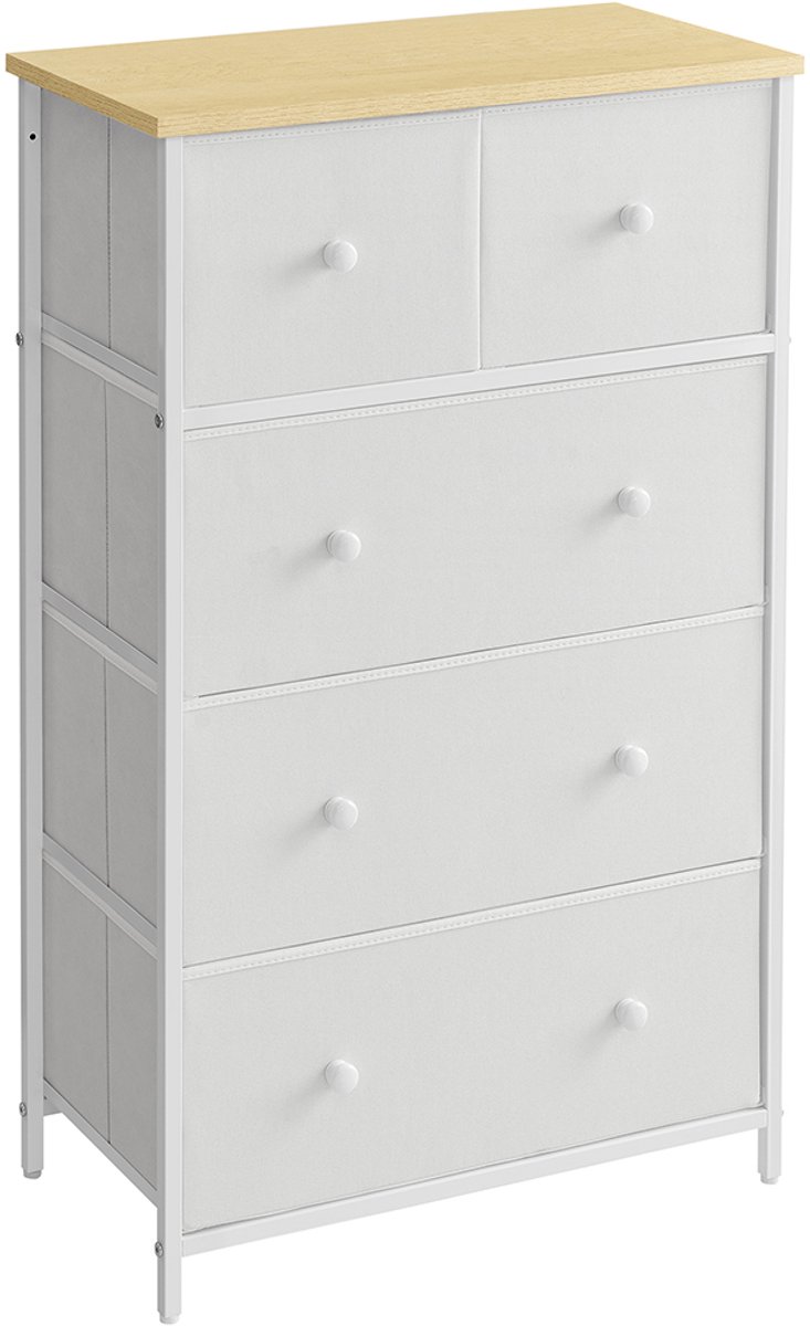 Commode – 5 stoffen lades – Met metalen frame – Wit eikenkleurig – 30 x 56 x 93 cm