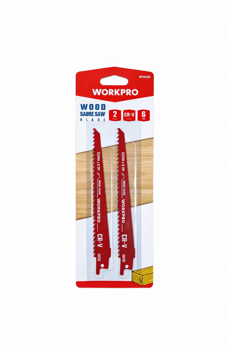 WORKPRO WP404102 – Reciprozaagbladen – Set van 2 – 150 mm – 6 TPI – CR-V – Voor Hout, Spaanplaat & Multiplex