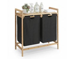 ACAZA Wasmand - 2 Vakken - Wassorteerder - 44 L - bamboe - 73,5 x 64, 5 x 33 cm - Zwart