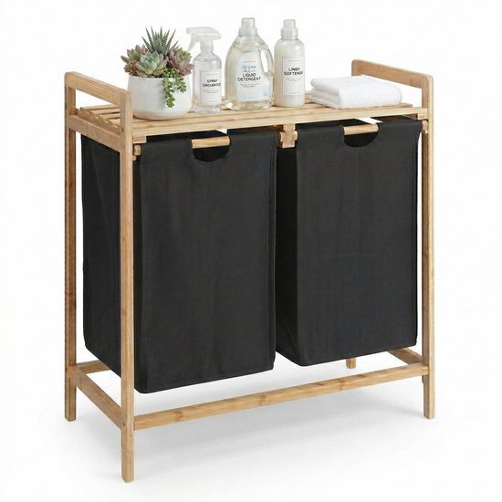 ACAZA Panier à linge avec 2 sacs à linge extensibles - Trieur à linge - 44 litres - bambou - 73,5x64,5x33 cm - Zwart