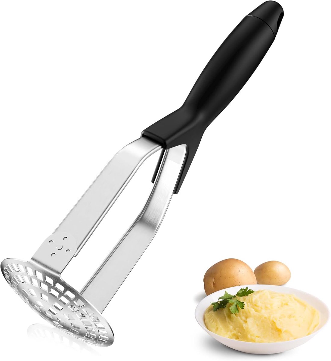 Aardappelstamper van roestvrij staal, aardappelstamper met rubberen handvat, keukenstamper, groentestamper, aardappelpers, vaatwasmachinebestendig, voor aardappelpuree, groenten en fruit.