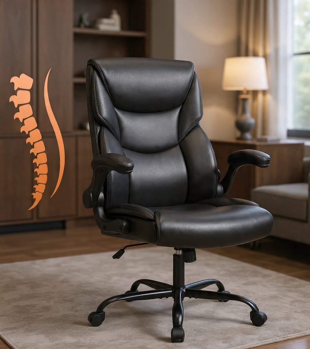 ExecutivePro Luxe PU Lederen bureaustoel met opklapbare armleuningen, ergonomische computerstoel met hoge rugleuning, draaibare gamingstoel voor werk en ontspanning, zwart - Casa Serena – Afmetinge...