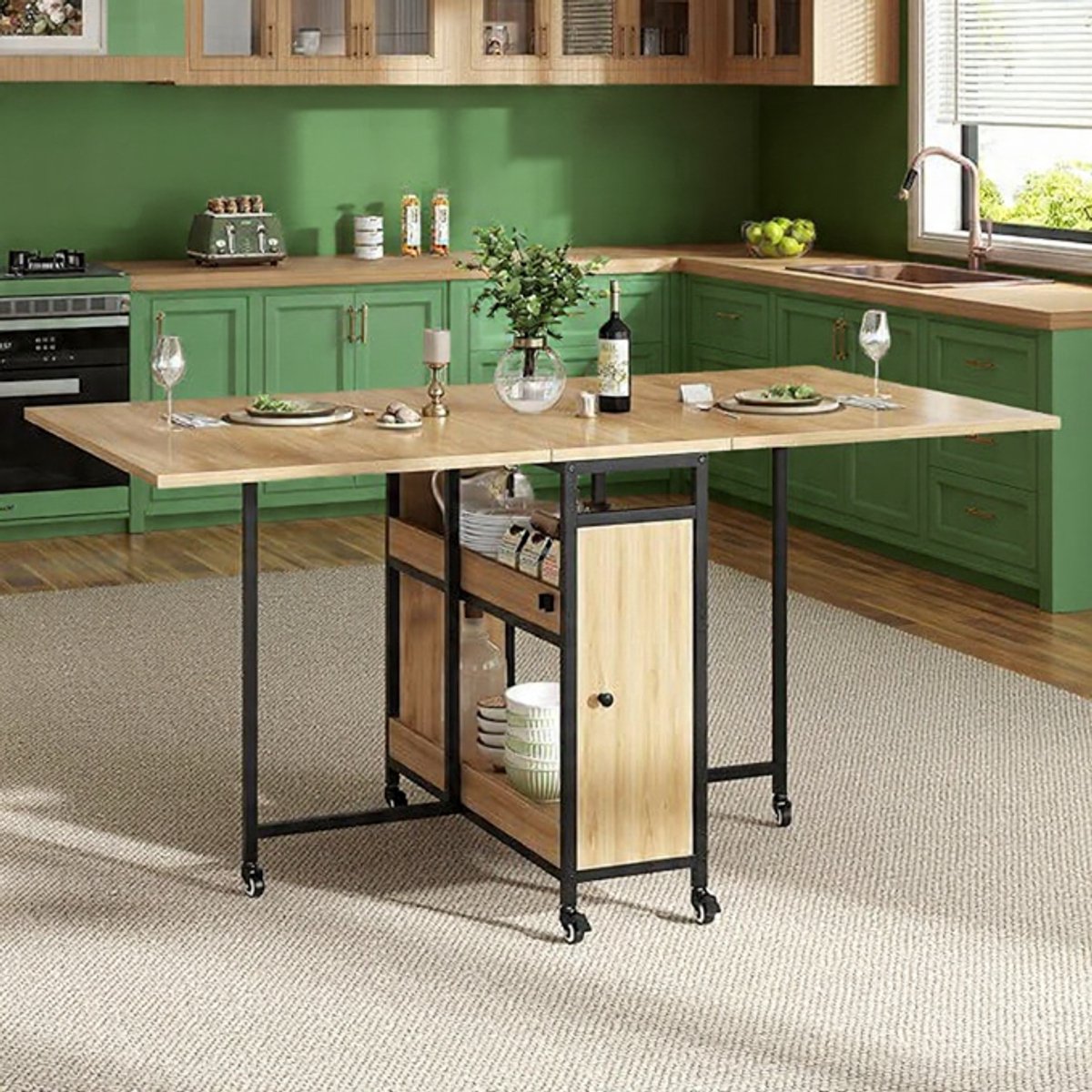 Opvouwbare eettafel met opbergruimte en Wielen 130x80 cm - Ruimtesparende klaptafel in Eikenlook Casa Serena – Casa Dorada