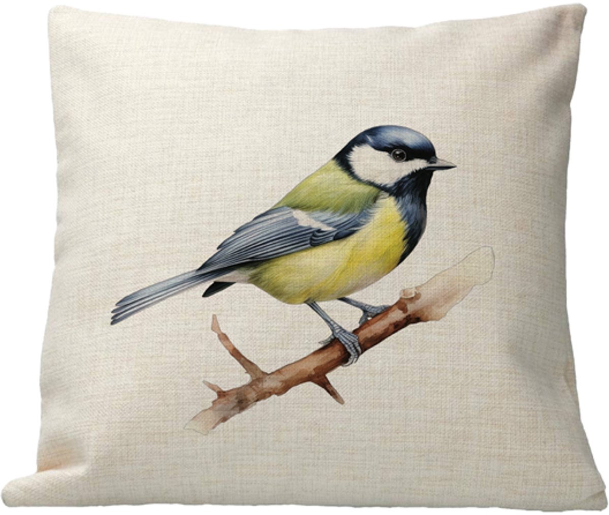 Kussen - Design - Vogel - Koolmees - Linnen - Kleurvast - inclusief vulling