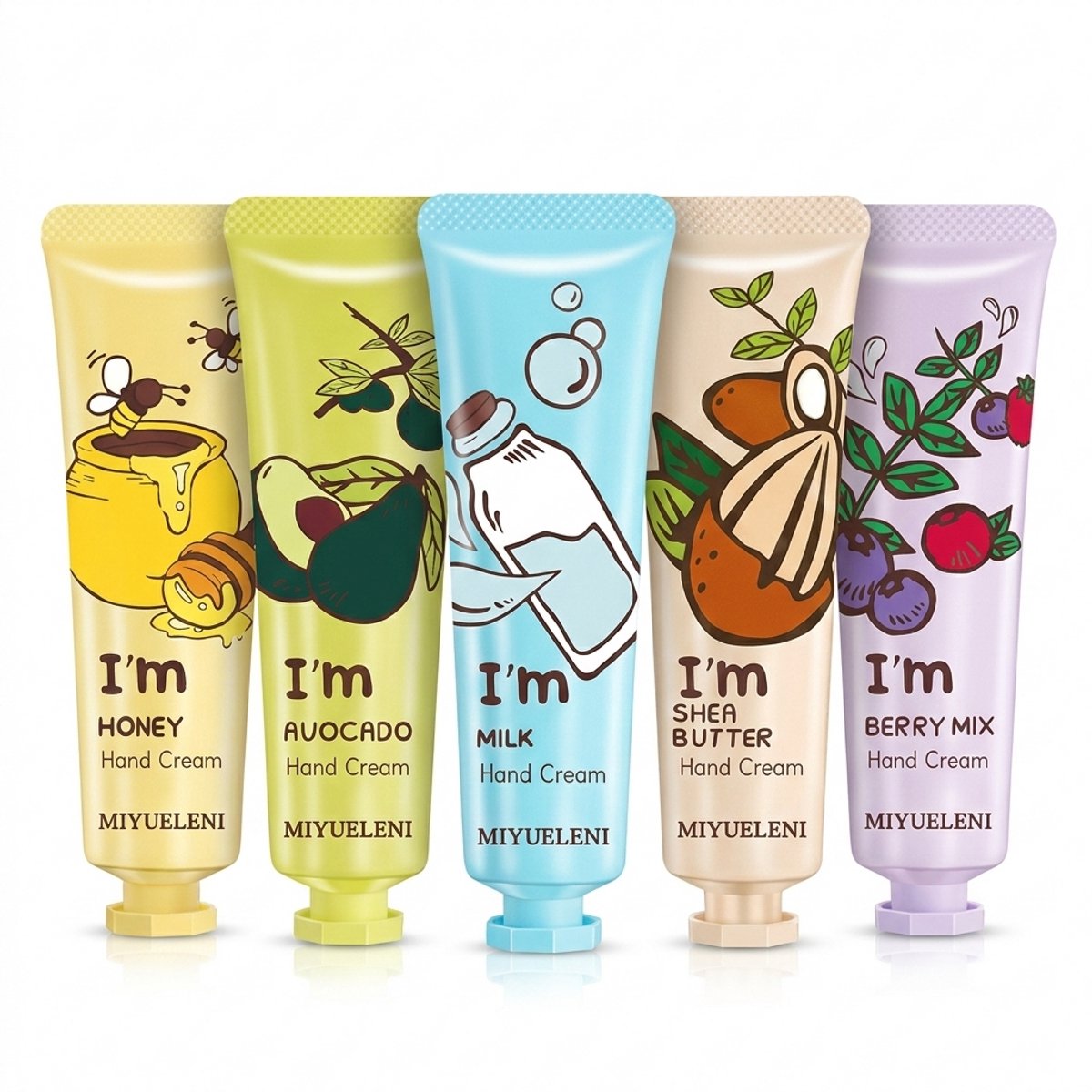 Miyueleni® 'I'm' Creamy Serie- Handcrème Cadeauset - 5 x 30g - Avocado, Melk, Shea Butter & Honing - Intens Voedend - Voor Droge Handen - 5-pack