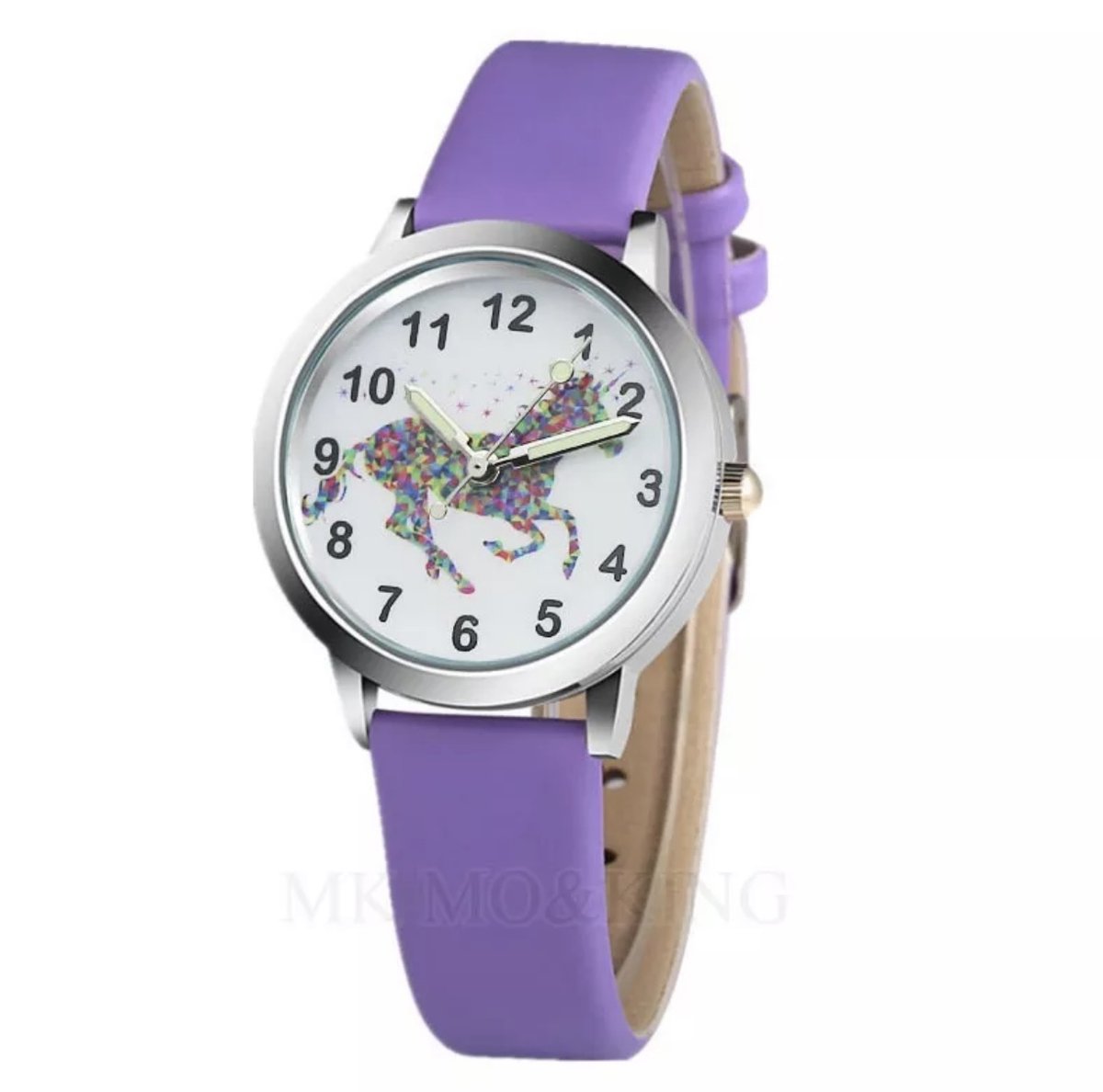 12Getit Kinder horloge paars met paarden afbeelding en leer bandje