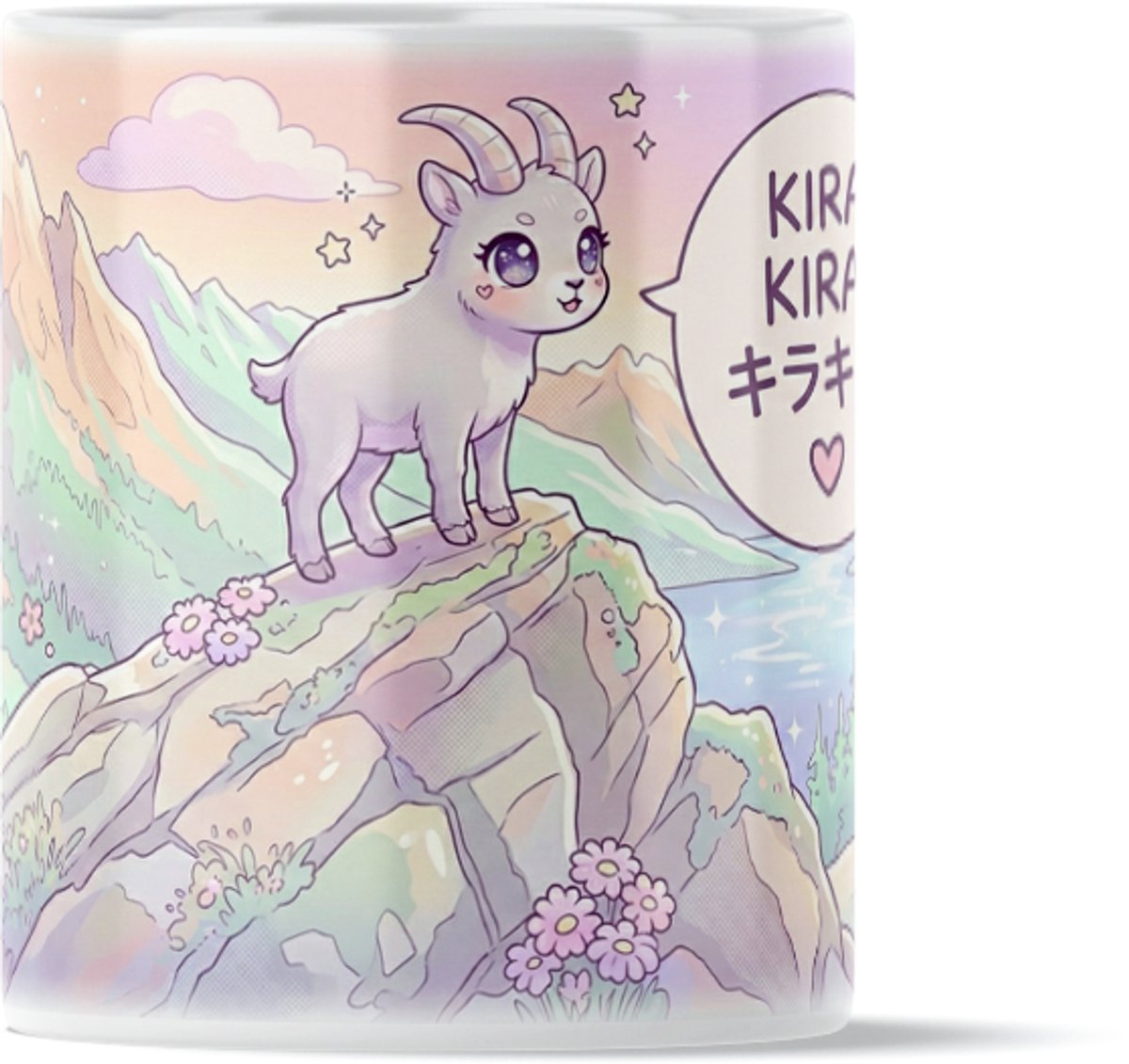 Kawaii Berggeit Mok Cadeau voor haar: Vrouw, Vriendin of Collega - Schattig Geitje op een Bergtop Kira Kira Sparkle - Japanse Tekst Illustratie - Natuur en Dieren Liefhebber Cadeau - Pastel Blauw en Paars Design