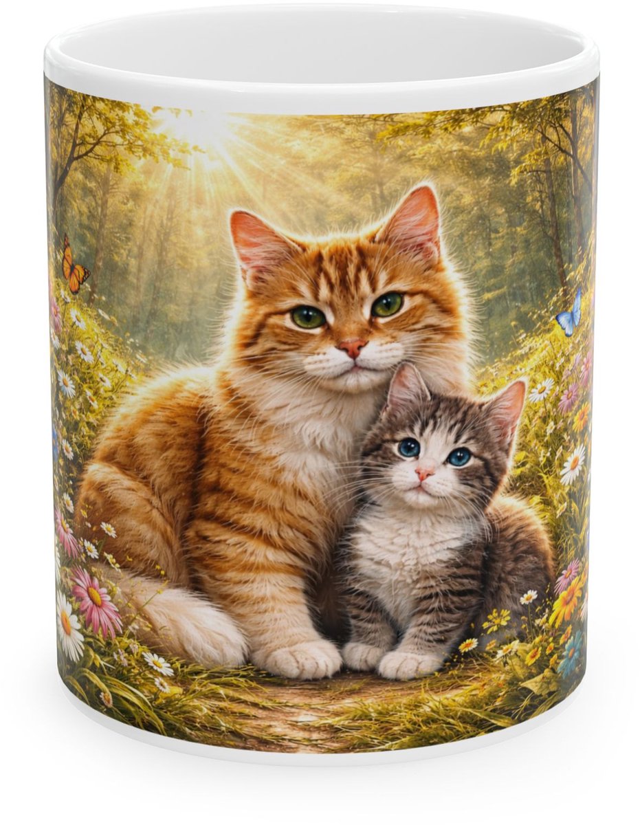 Plot-Twister - Dieren Mok 330ML – 2 Katten Natuur - Keramische Koffiemok met Unieke Dierenprint – Vaatwasser & Magnetronbestendig – Cadeauverpakking met Venster