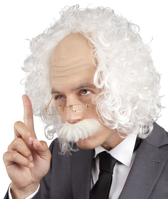 Man met witte krulpruik, bril, bakkebaarden en grijze das.