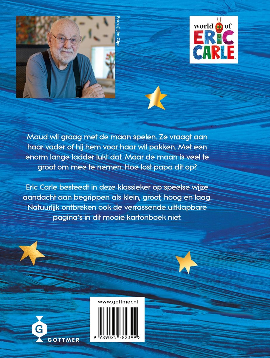 Boekomslag achterkant met een foto van Eric Carle en tekst. 'world of ERIC CARLE'.