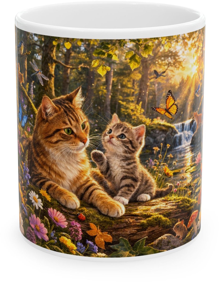 Plot-Twister - Dieren Mok 330ML – Kat en Kitten Natuur - Keramische Koffiemok met Unieke Dierenprint – Vaatwasser & Magnetronbestendig – Cadeauverpakking met Venster