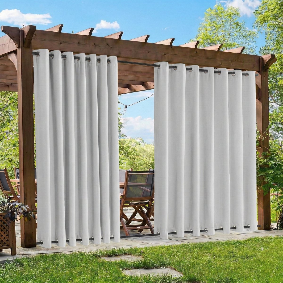 Qelus Winddicht Buitengordijn Extra Breed 254cm - Outdoor Gordijn Boven & Onder Oogjes - Waterdicht Verduisterend - Rideau Extérieur Imperméable - 254x243cm - Grijsachtig wit(1 Stuk) Gebroken wit