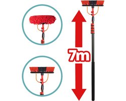 Telescopische Wasborstel XXL Uitschuifbare Waterborstel tot 7 Meter - 5-Delige Telescoopsteel inclusief Chenille Doek, Zeepdispenser & Softgrip - Gevels & Dakpannen - SHINE