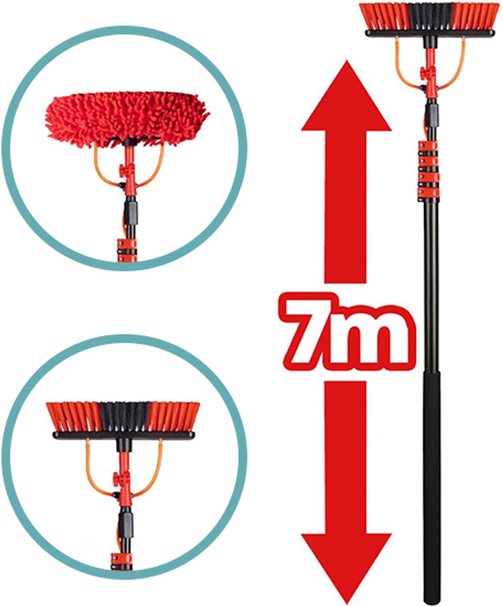 Telescopische Wasborstel XXL Uitschuifbare Waterborstel tot 7 Meter - 5-Delige Telescoopsteel inclusief Chenille Doek, Zeepdispenser & Softgrip - Gevels & Dakpannen - SHINE