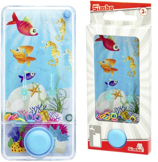 Doos met waterspel, visjes, zeepaardjes, ringen en blauwe knop.