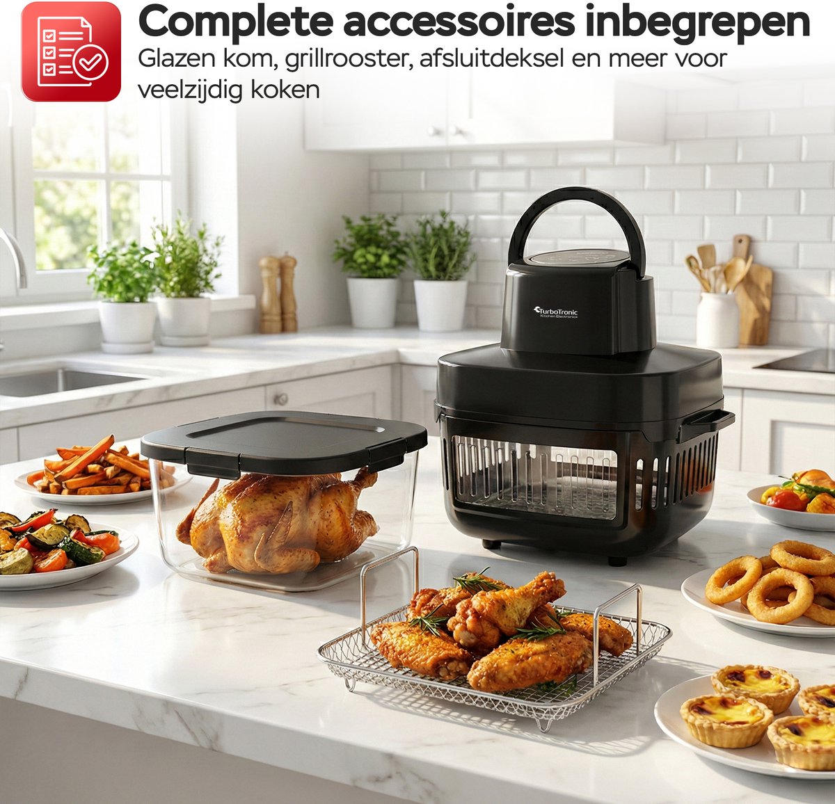Turbotronic AFG6 Airfryer XXL met glazen bak- BPA & PFAS Vrij - 6L - Heteluchtfriteuse - Dual Heating - 50ºC tot 180ºC - 8 Kookprogramma's - Zwart — afbeelding 4