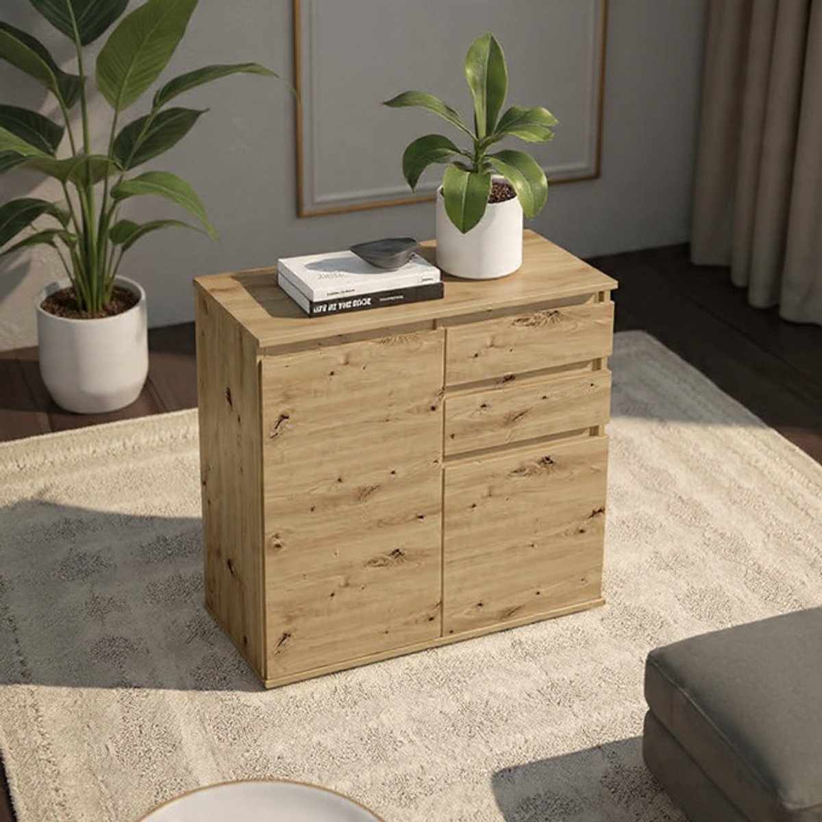 Bresta Opberg Dressoir 80x84x35 cm – Ambachtelijke Eiken Look met Lade en Deuren - Casa Serena – Casa Dorada