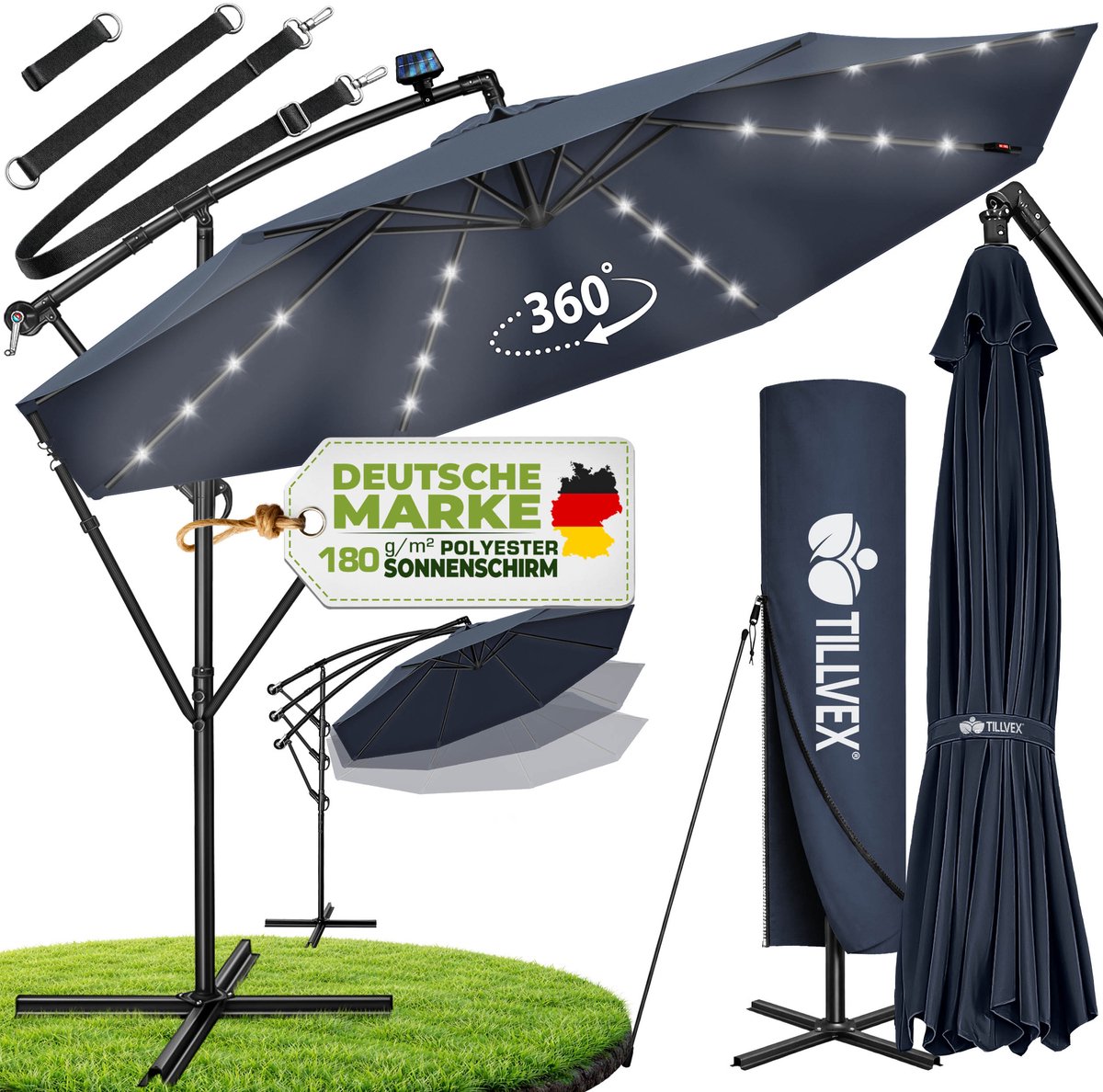 tillvex Zweefparasol Aluminium met LED Solar Ø 300 cm + Zwengel + Hoes + Windbescherming | Parasol met Standaard | Tuinparasol UV-bescherming | Waterdichte Draaiparasol Marktscherm