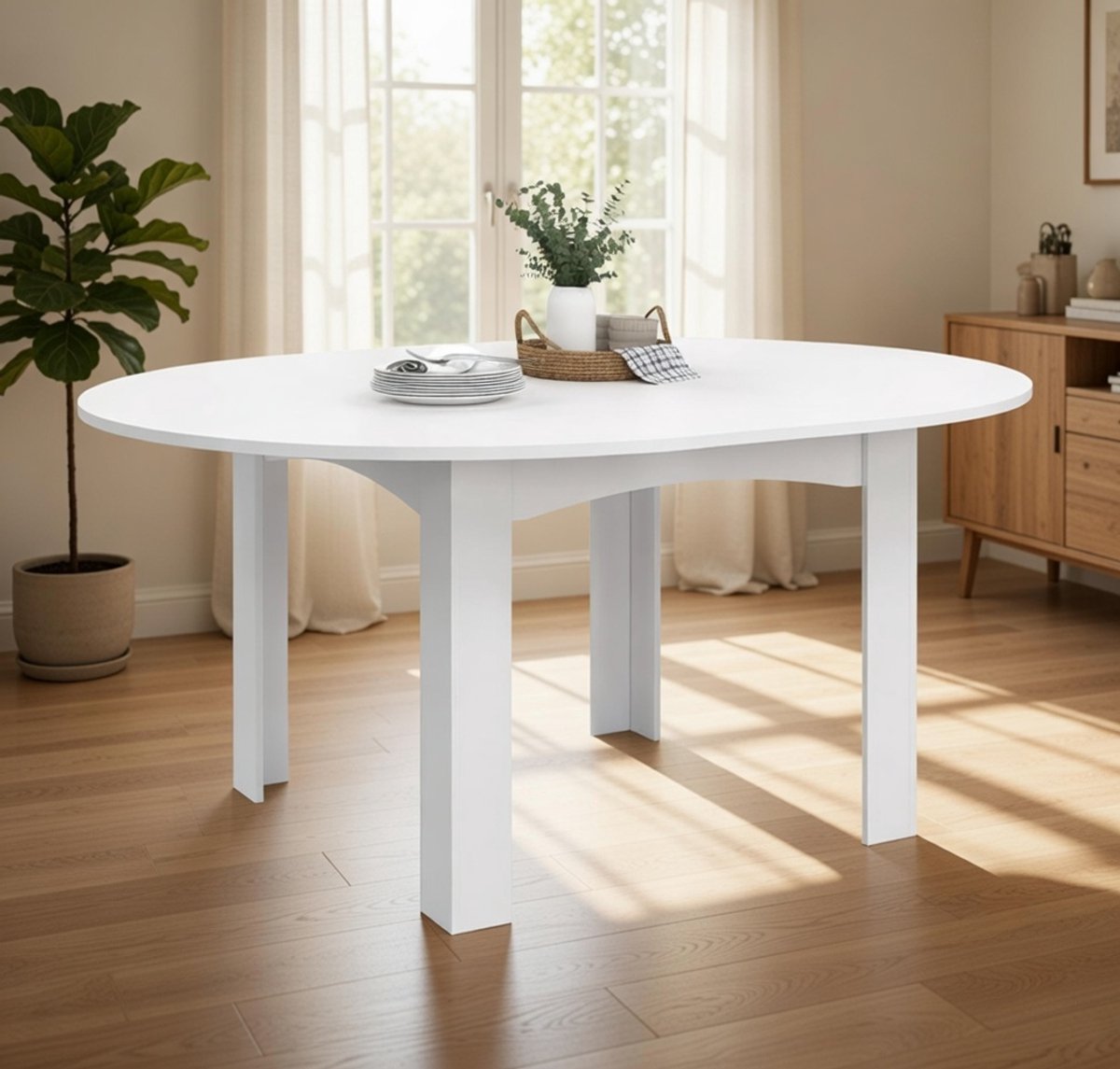 SerenaFlex Uitschuifbare Ronde Eettafel 110-150 cm - Wit - 4 tot 8 personen - Moderne Ronde Eetkamertafel met Verlengblad - Compact & RuimtesparendCasa Serena – 150 cm – Casa Dorada