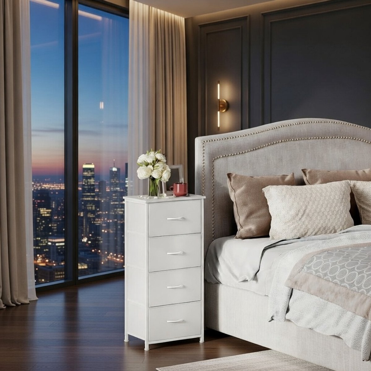 LuxeLinen™ stoffen ladekast met 4 lades van 93 cm - moderne kleine ladekast voor de slaapkamer, halfhoge kast en subwoofer - met een lege look Casa Serena