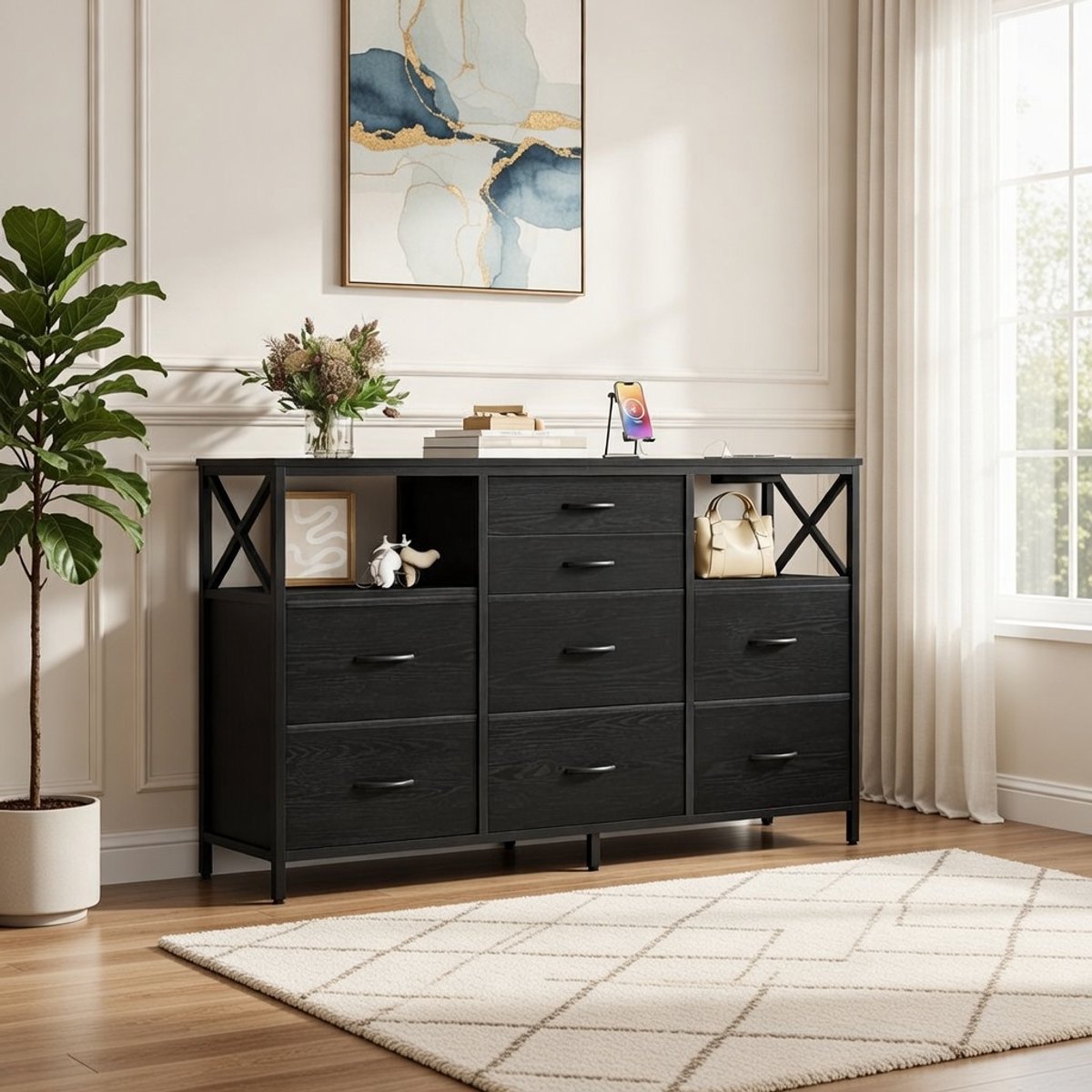 UrbanCharge XL ladekast 140 cm met Stopcontact & USB – 8 lades, industrieel opbergmeubel voor slaapkamers en woonkamers – Zwart | Casa Serena
