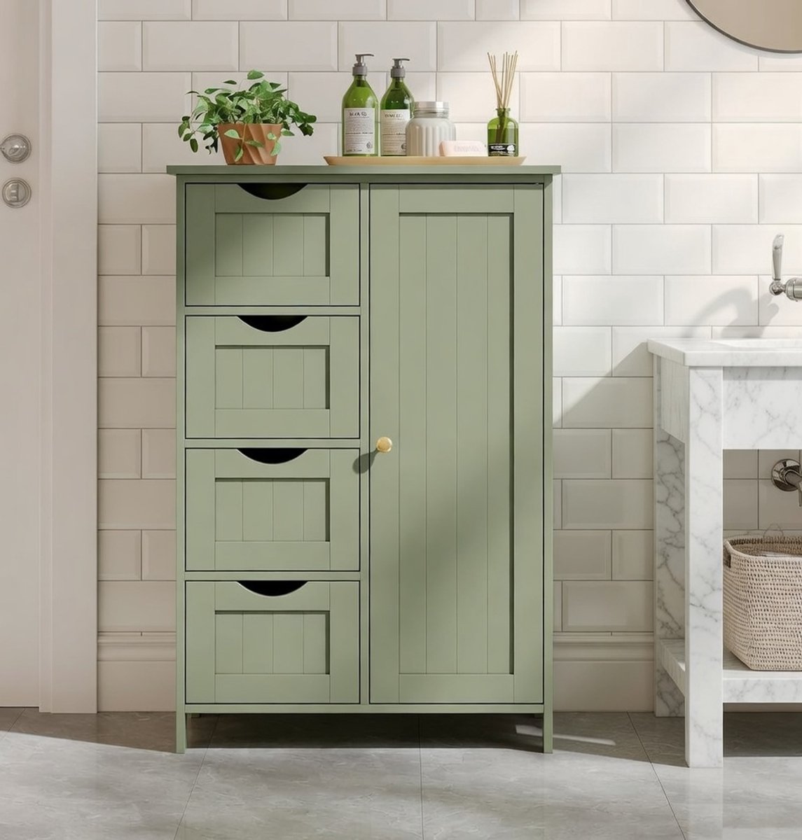 Klein badkamerkastje - 4 lades en kast - Verstelbare plank - Moderne opbergkast en ladekast voor de badkamer, badkamerkastje - Elegant groot formaat - 30 x 55 x 82 cm Casa Serena – Casa Dorada
