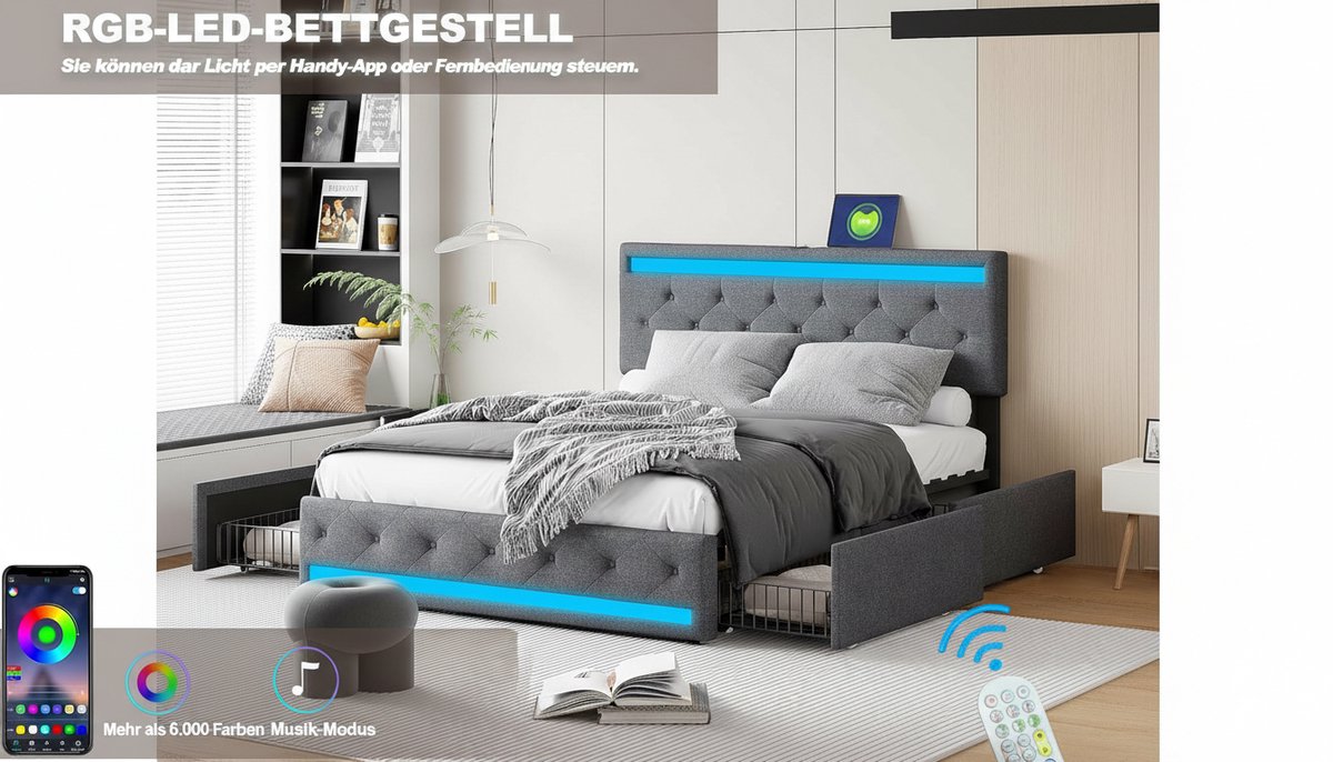 Gestoffeerd Tweepersoonsbed 180x200 cm Casa Velluto – Modern Opbergbed met 4 Lades, LED-verlichting en USB-poort, Linnen Bedframe voor Volwassenen en Tieners, Luxe Slaapkamerbed (Grijs F)