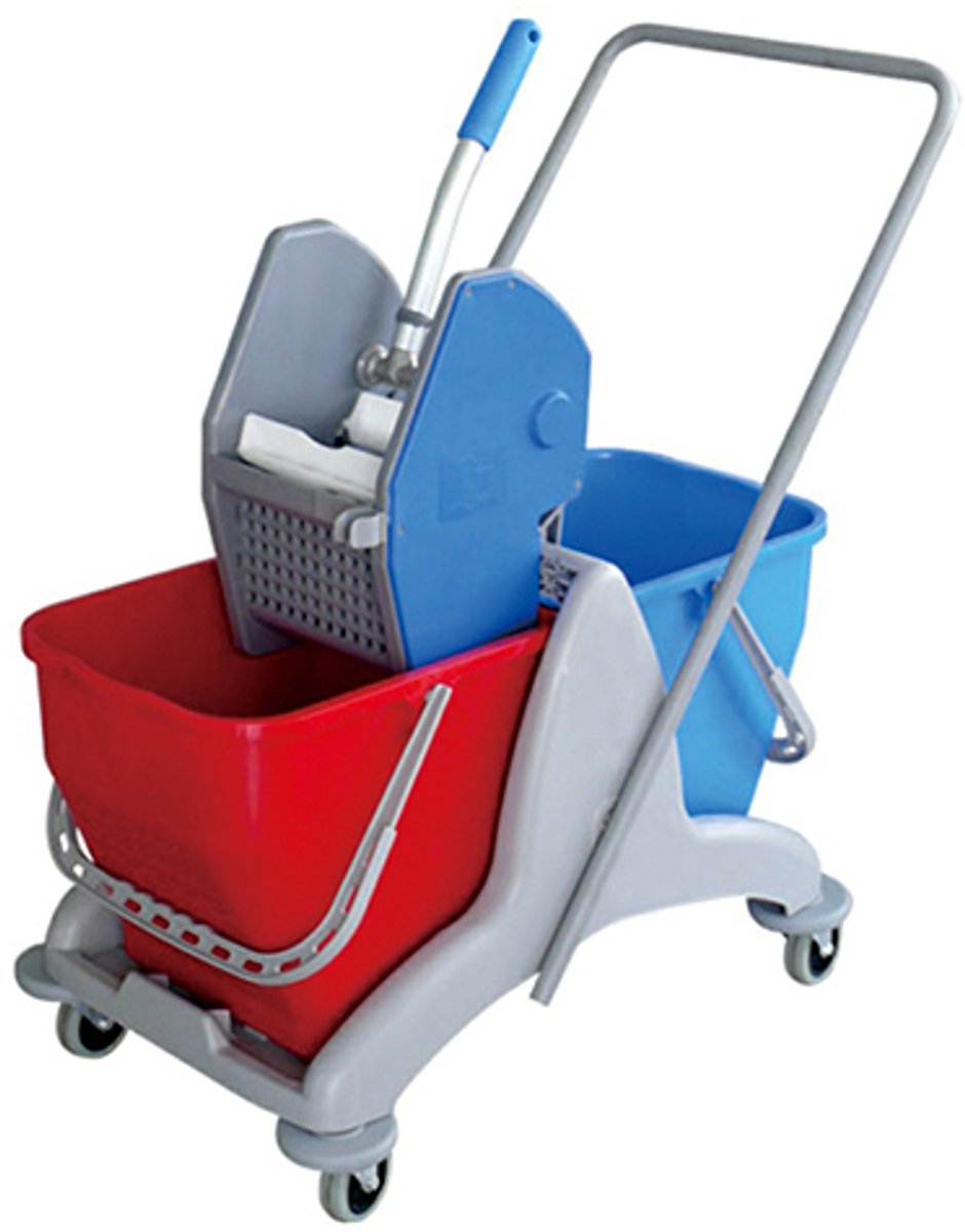 Professionele Schoonmaakwagen met Pers – Dubbele Emmer – 2 x 25 Liter – Rood/Blauw