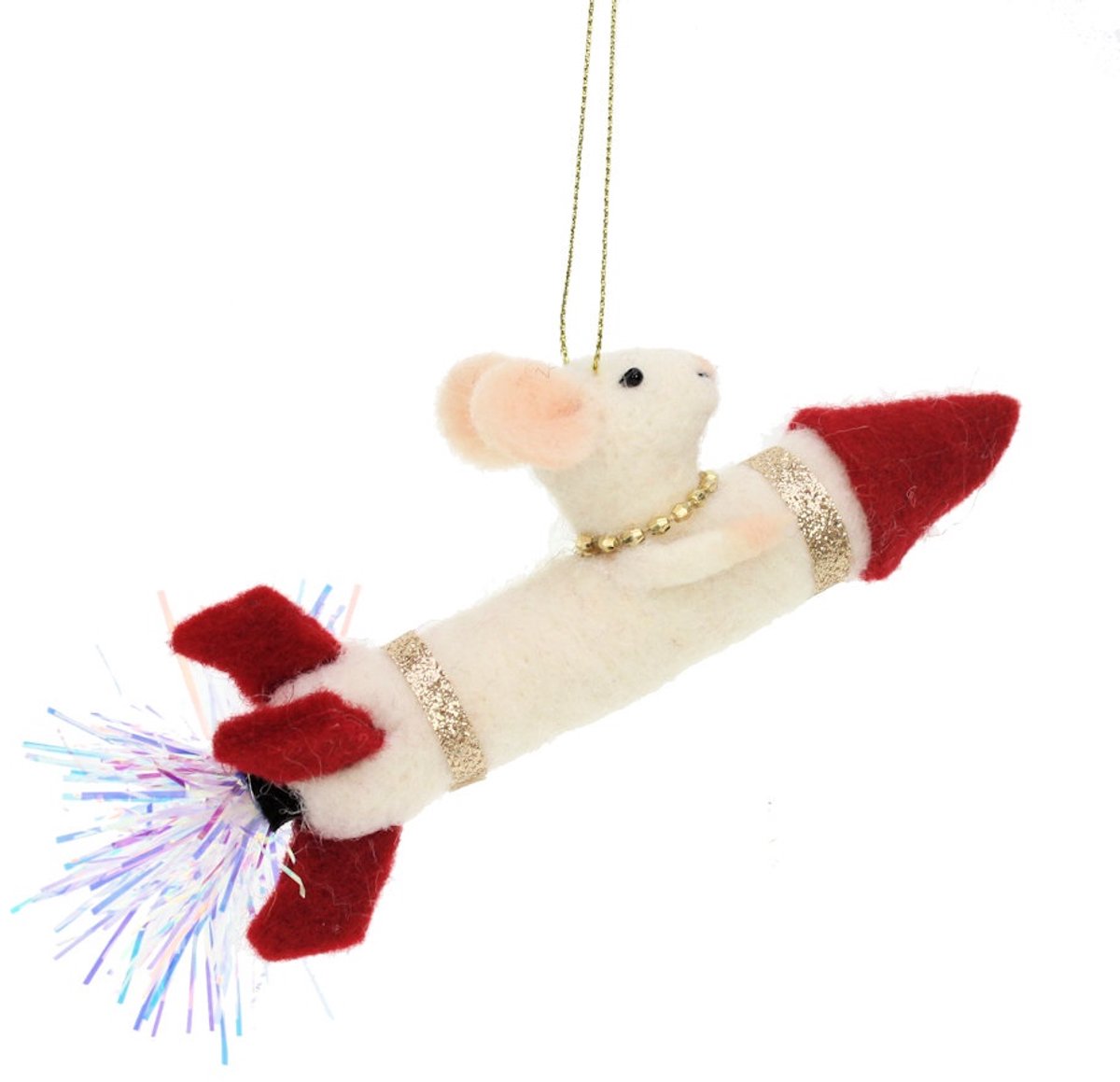 Decoratief beeld Raket rood/wit met muis vilt 18x3x8cm