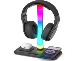 3-in-1 RGB Gaming Hoofdtelefoonstandaard - Headsethouder met 15 W draadloze oplader - Gaming-hoofdtelefoonhouder met 9 lichtstanden - voor alle hoofdtelefoons - Geheugenfunctie - Koptelefoon standaard - houder - Zwart