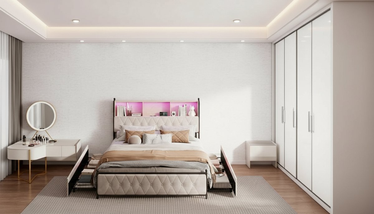 Gestoffeerd Tweepersoonsbed 180x200 cm Casa Velluto – Luxe Fluwelen Opbergbed met 4 Lades en Lattenbodem, Functioneel Bedframe voor Volwassenen en Jeugd, Beige E