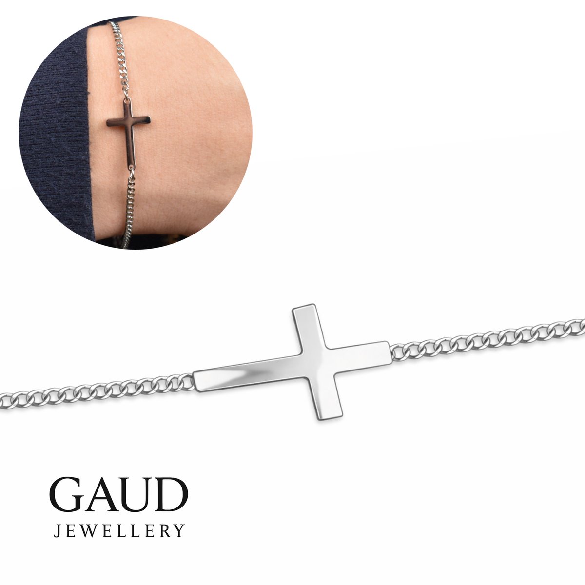 GAUD Kruis Armband Zilver – 16+5 cm Verstelbaar – Stainless Steel – Waterbestendig & Verkleurt Niet – Minimalistische Armband met Kruis