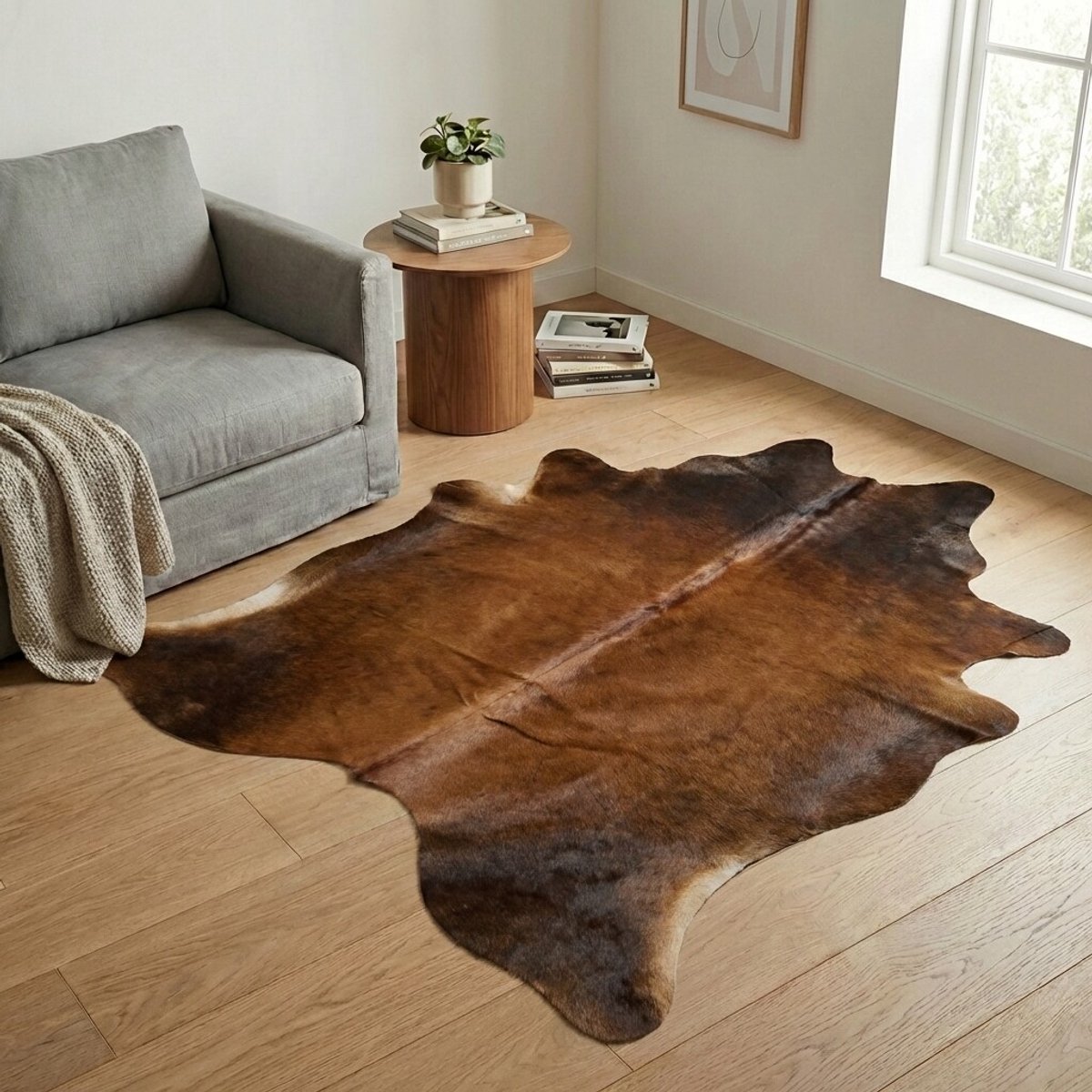 Koeienhuid Vloerkleed - Bruin-wit / Driekleur - 201 x 175 cm - Koeienkleed / Koeienvel / Dierenvel / Dierenhuid / Koehuid Tapijt