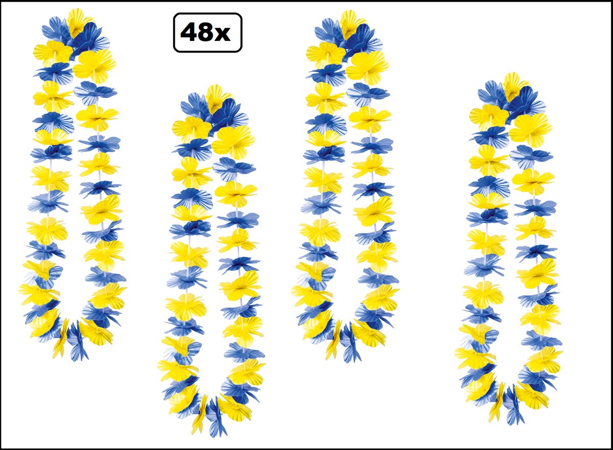 48x Hawai slinger blauw/geel - bloemenkrans - Tropical thema feest hawaii krans
