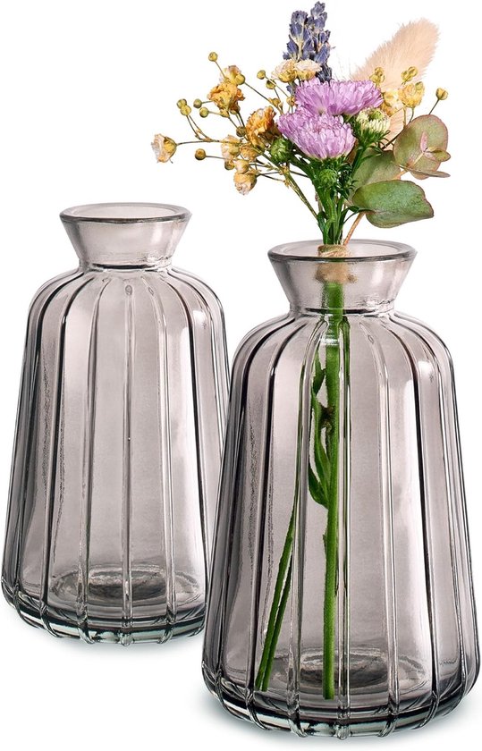 Famanu – Mini Glazen Vaasjes - Set van 6 - Vintage Stijl - Stevige Kleine Vazen - Vaatwasmachinebestendig - Perfect voor Tafeldecoratie bij Bruiloften - Grijs