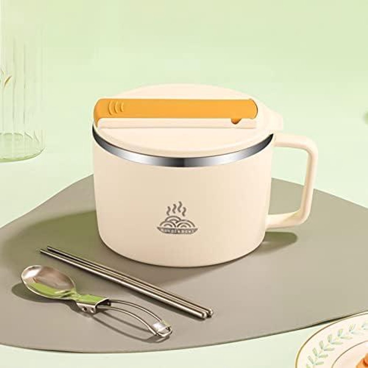 Noedelkom 1200 ml met deksel, lekvrij, eetstokjes en spork - Ramenschaal in set van 2