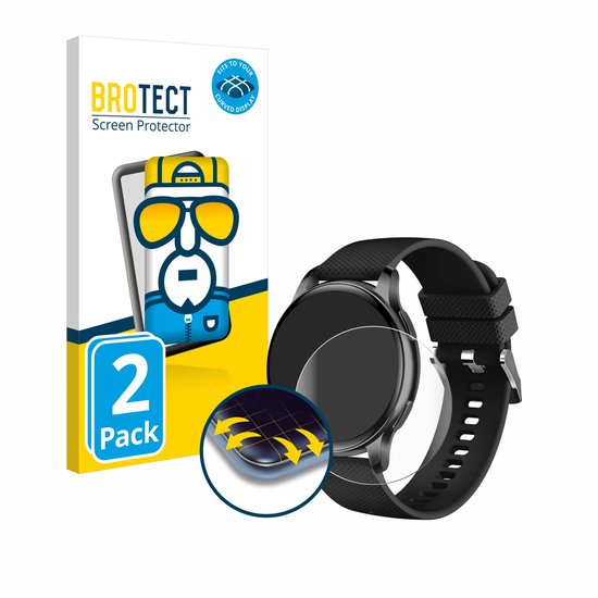 Emballage de protection d'écran BROTECT à côté d'une montre connectée, avec un détail du protecteur sur l'écran.
