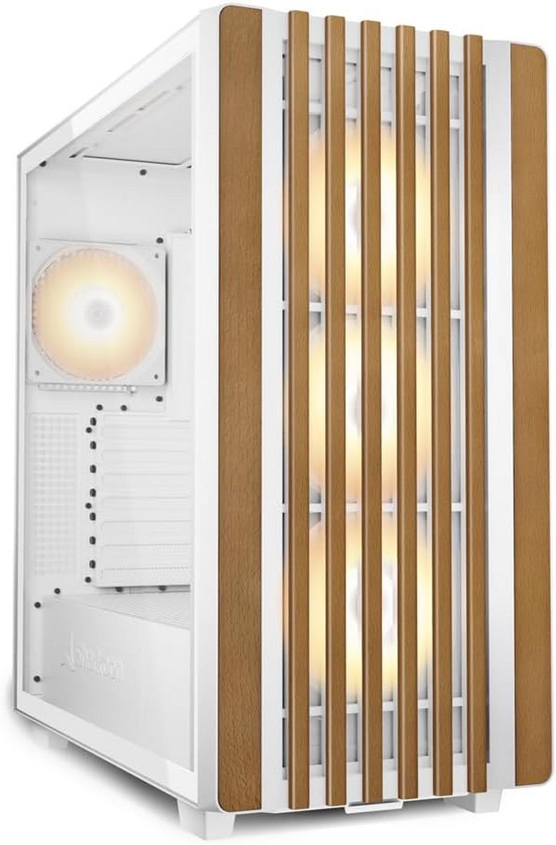 Stijlvolle Witte ATX PC Behuizing met Houten Accent en RGB Fans