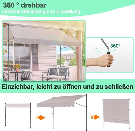 Yaheetech Klemzonwering Met Handslinger - In Hoogte Verstelbaar, 300x120cm, Beige, Voor Balkon Zonder Boren